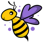 Bansko Buzz Icon transparent: a yellow bumble bee with black lines on its body and purple wings (cute)