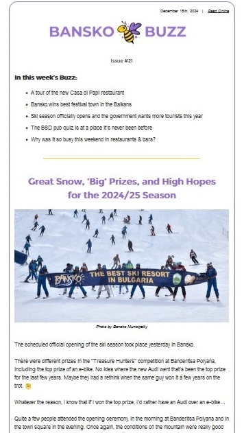 An iPhone screenshot of what the Bansko Buzz email newsletter looks like (with text and images)
